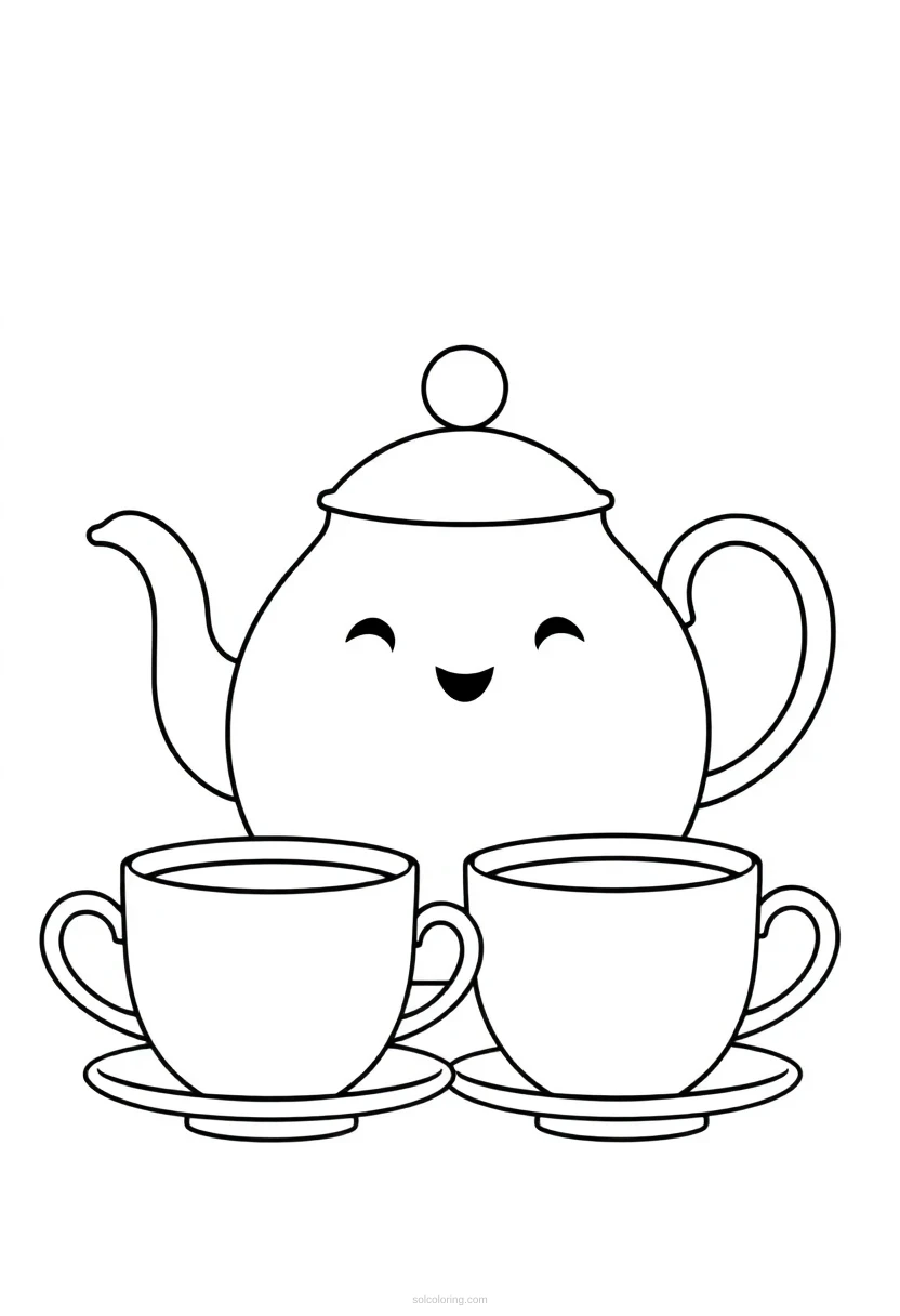 Tea Pot and Tea Cups coloring page for kids
