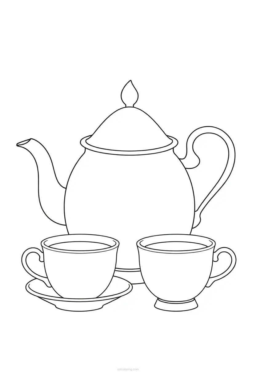Tea Pot and Tea Cups coloring page for kids