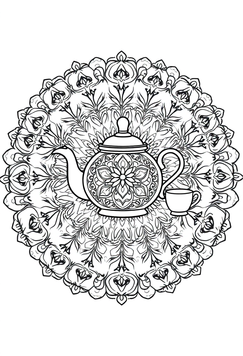 Tea Pot and Tea Cups coloring page, free printable