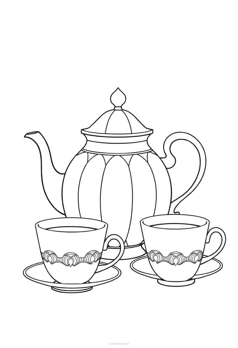 Tea Pot and Tea Cups coloring page for kids