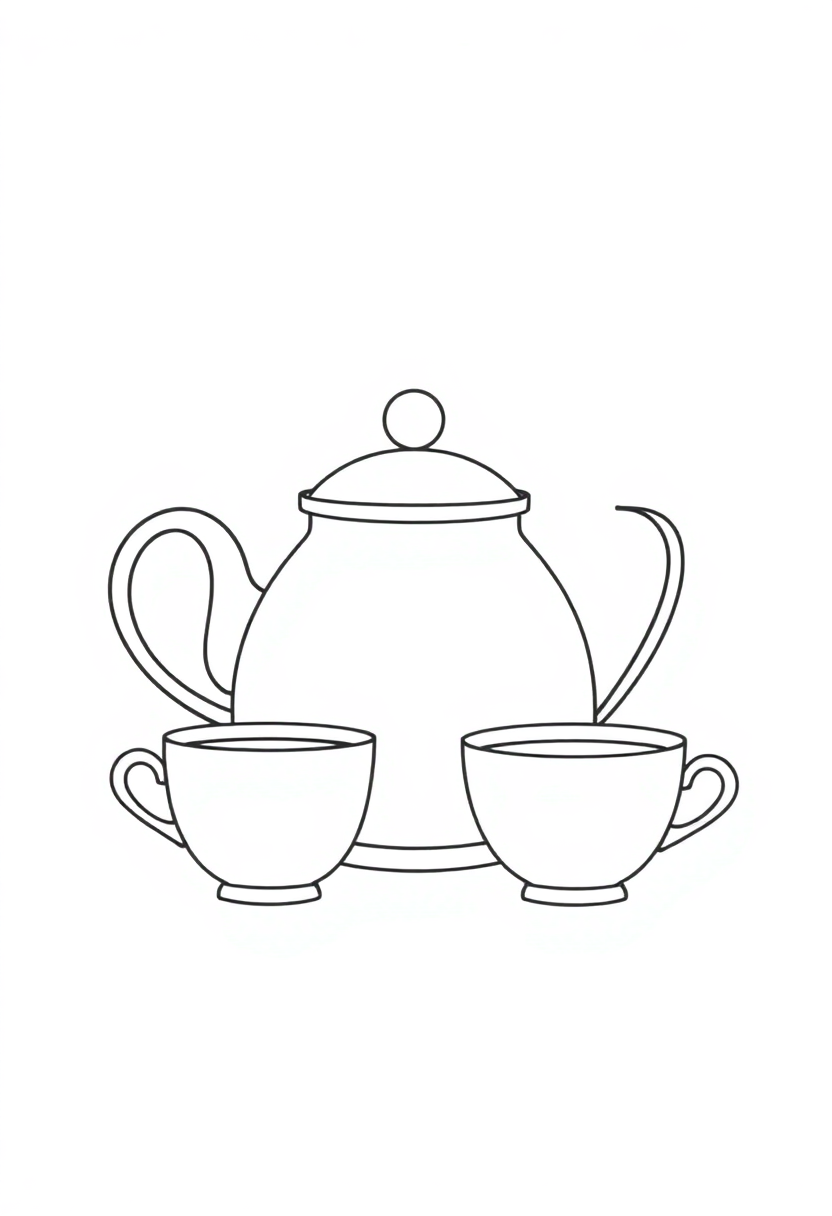 Tea Pot and Tea Cups coloring page, free printable