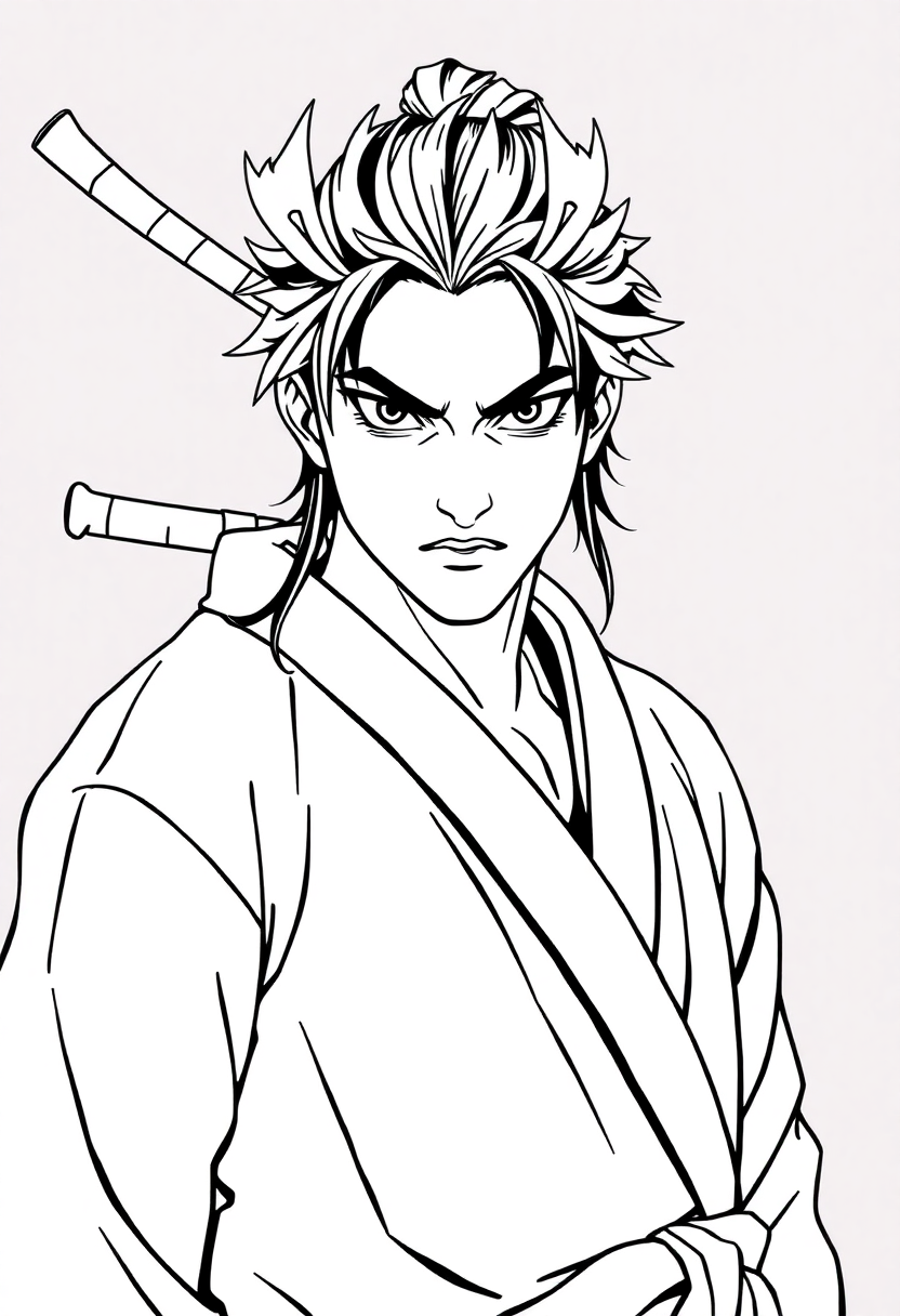 Teenage samurai coloring page showing young warrior in traditional armor with katana sword and flowing robes in cartoon style