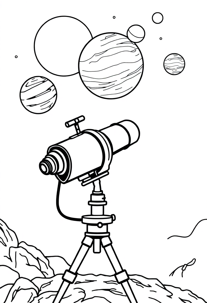 Telescope Observing Planets coloring page, free printable