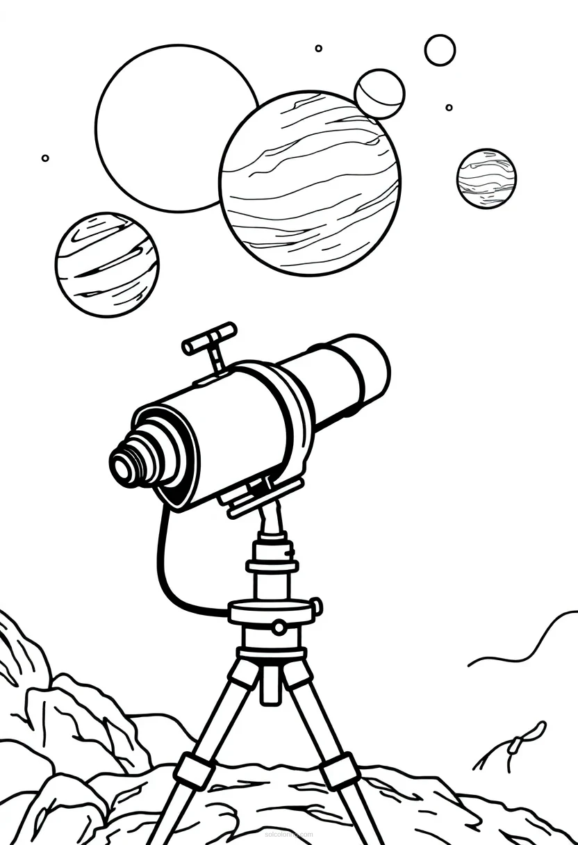 Telescope Observing Planets coloring page for kids