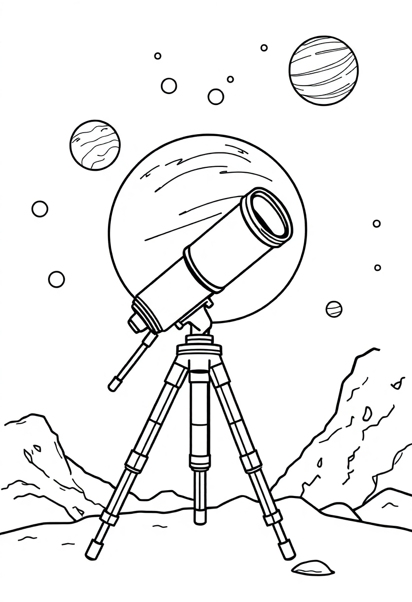 Telescope Observing Planets coloring page, free printable
