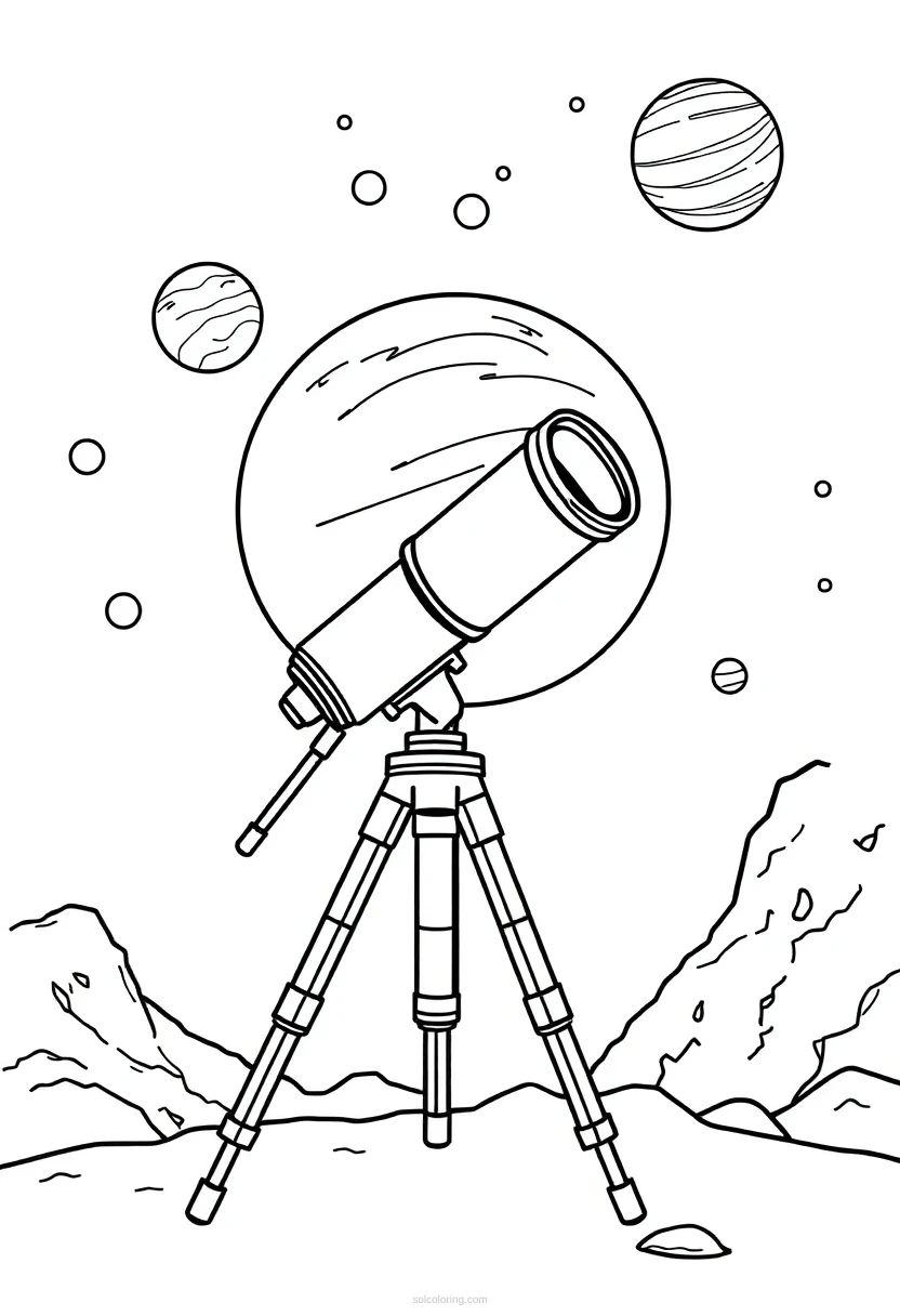 Telescope Observing Planets coloring page for kids