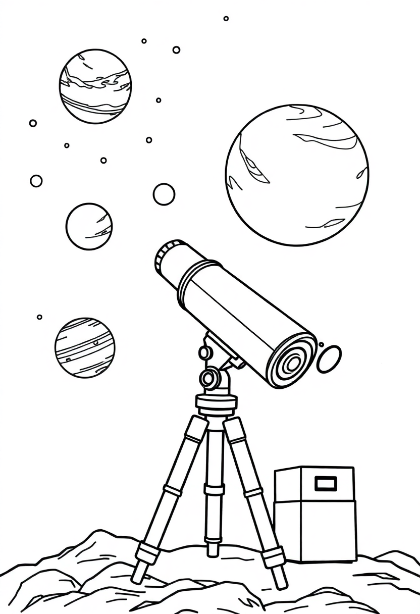 Telescope Observing Planets coloring page, free printable
