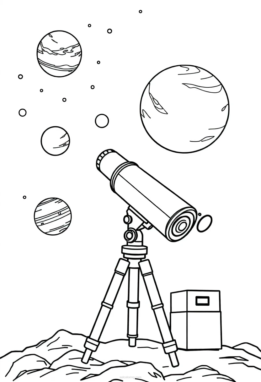 Telescope Observing Planets coloring page for kids
