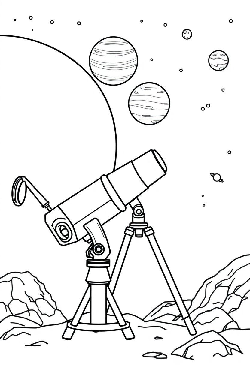 Telescope Observing Planets coloring page, free printable