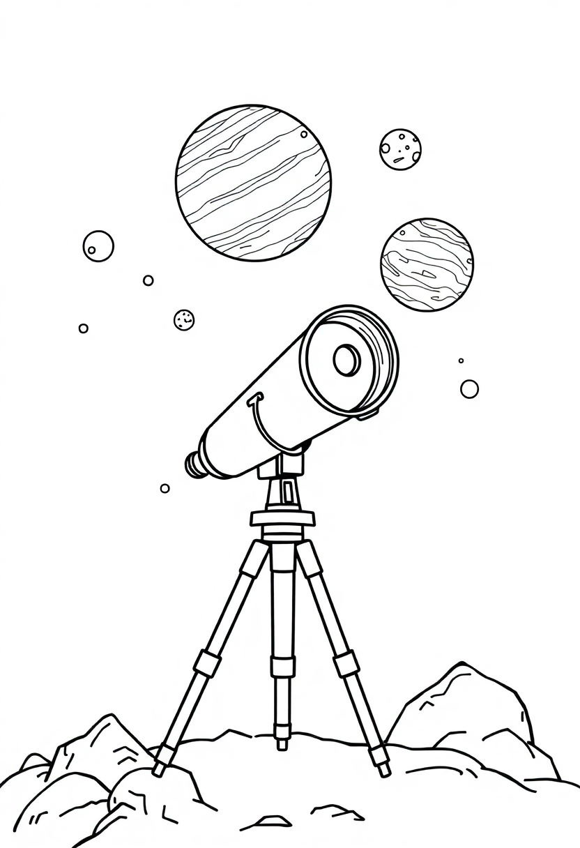 Telescope Observing Planets coloring page, free printable