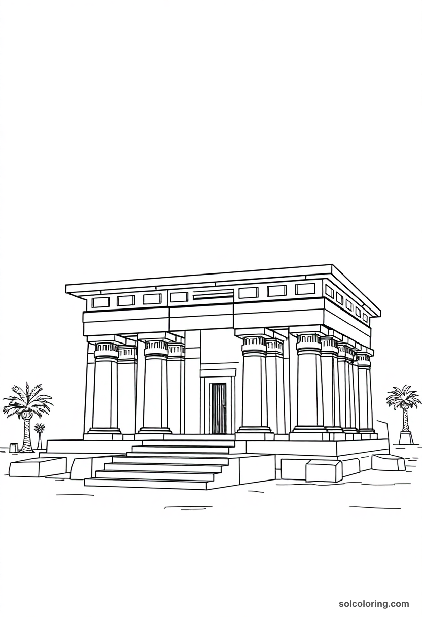 Temple of Hathor at Dendera coloring page showing detailed Egyptian columns, hieroglyphs, and ancient architecture outlines