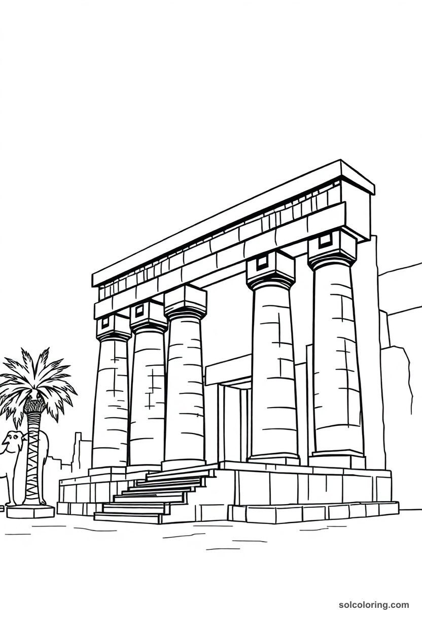 Temple of Horus at Edfu coloring page showing detailed entrance pylons, hieroglyphics and ancient Egyptian architecture