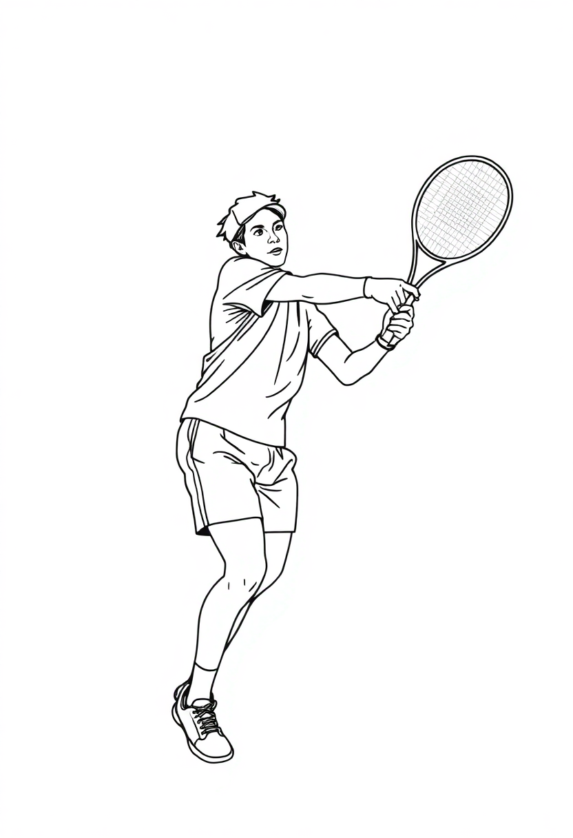 Tennis player serving coloring page showing athlete with raised racket in action pose with bold outlines for easy coloring