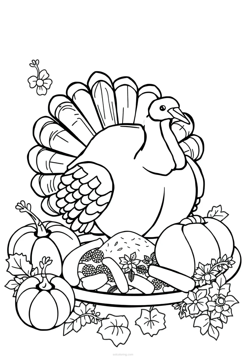 Thanksgiving Turkey Dinner coloring page for kids