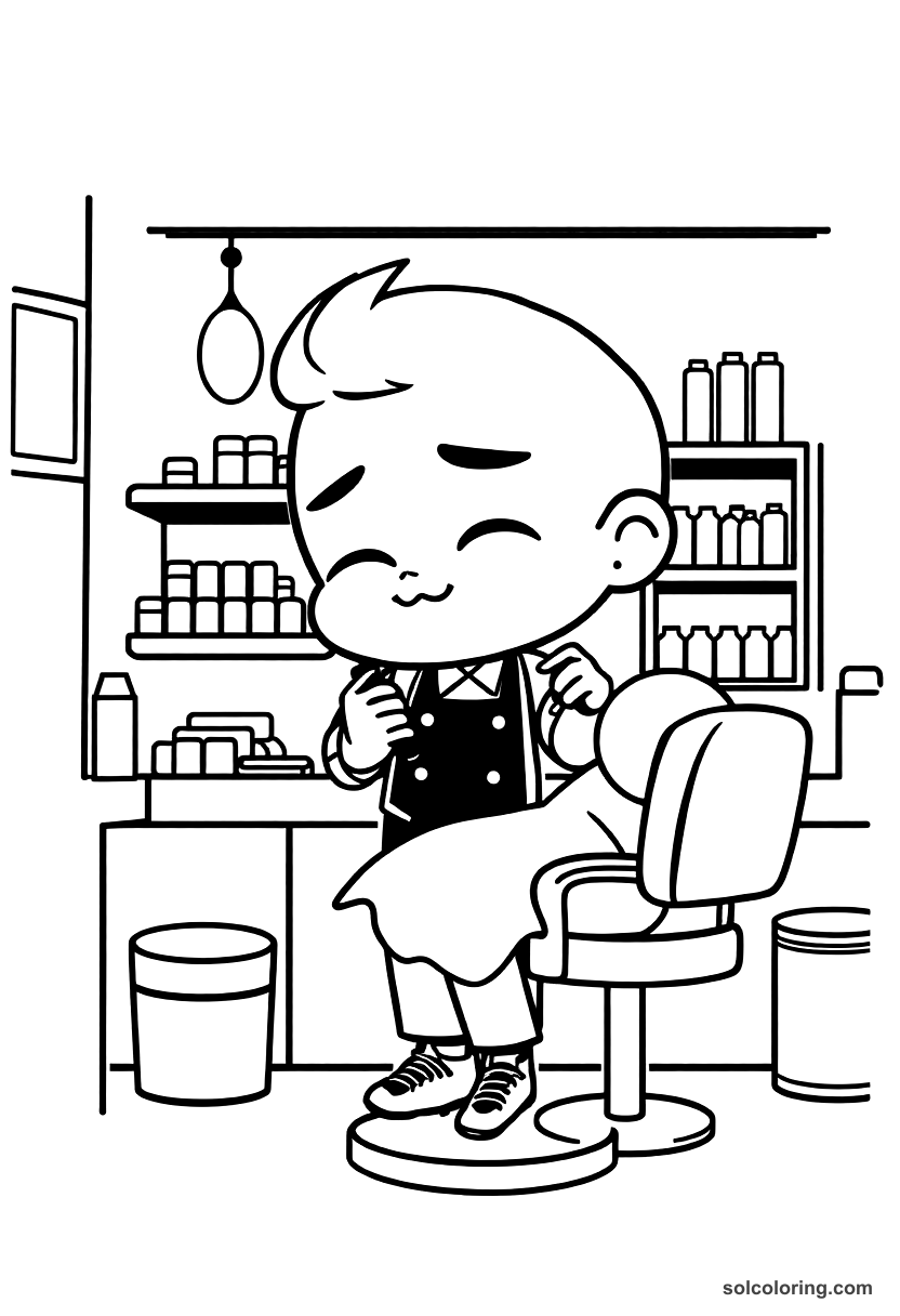 Chibi The barber shaving a customer in his shop coloring page, free printable chibi style