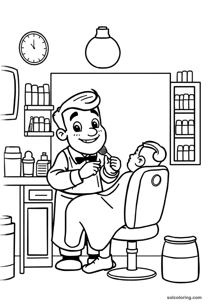 Cute Cartoon The barber shaving a customer in his shop coloring page, free printable cute cartoon style