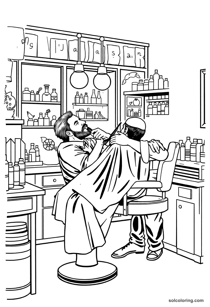 The barber shaving a customer in his shop coloring page, free printable detailed style