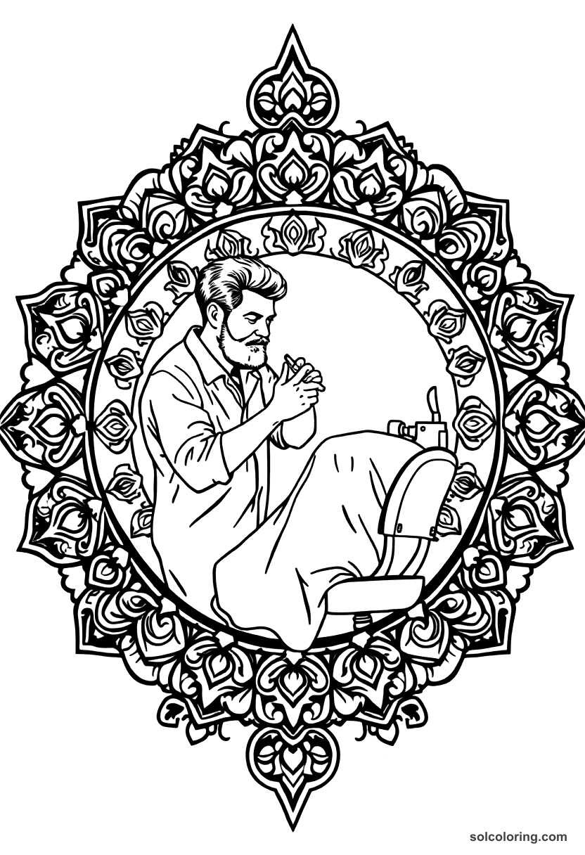 Mandala The barber shaving a customer in his shop coloring page, free printable mandala style