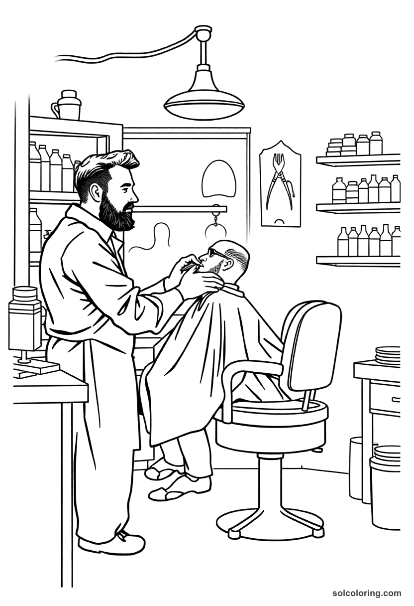 The Barber Shaving A Customer In His Shop coloring pages