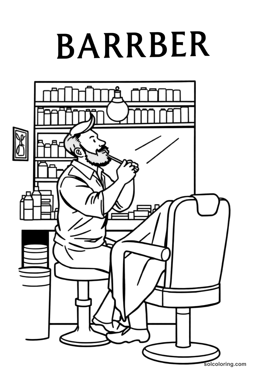 Simple The barber shaving a customer in his shop coloring page, free printable simple style