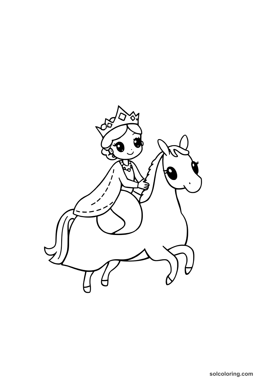 Cute Cartoon The beautiful queen riding out to meet her secret lover coloring page, free printable cute cartoon style