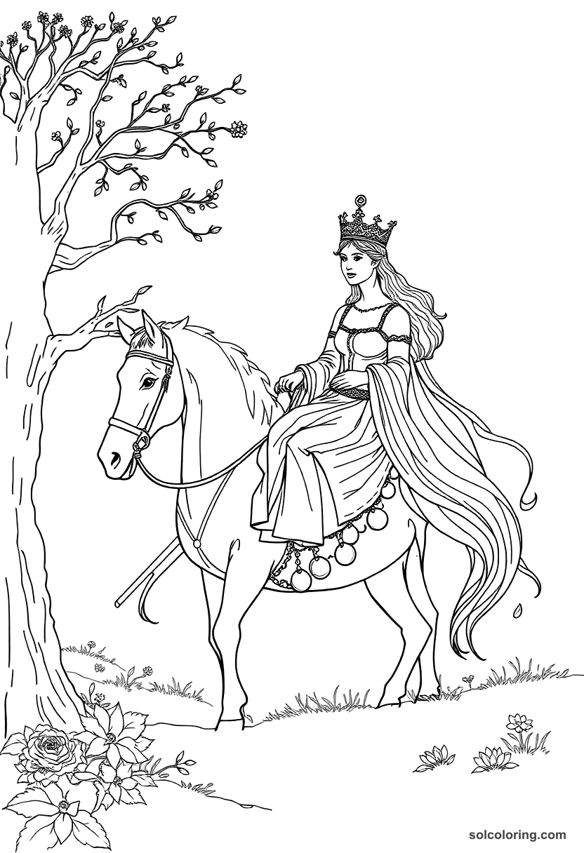 The beautiful queen riding out to meet her secret lover coloring page, free printable detailed style