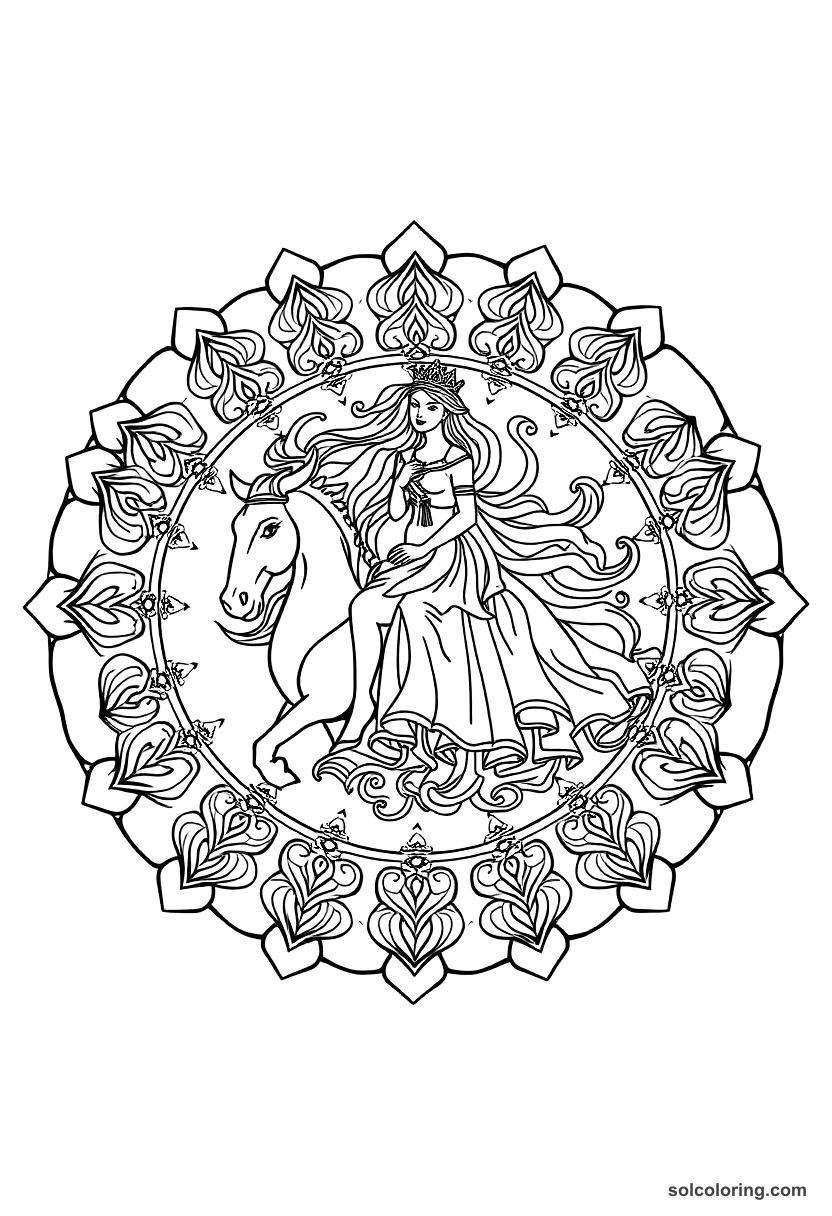 Mandala The beautiful queen riding out to meet her secret lover coloring page, free printable mandala style