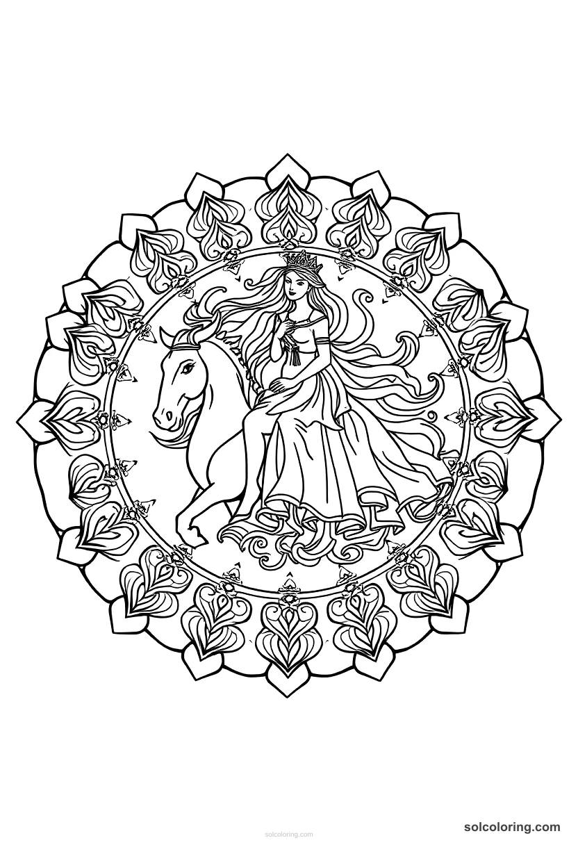 Mandala The beautiful queen riding out to meet her secret lover mandala coloring page for kids
