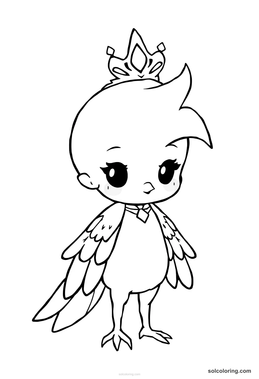 Chibi The bird princess transforming back from her avian form chibi coloring page for kids