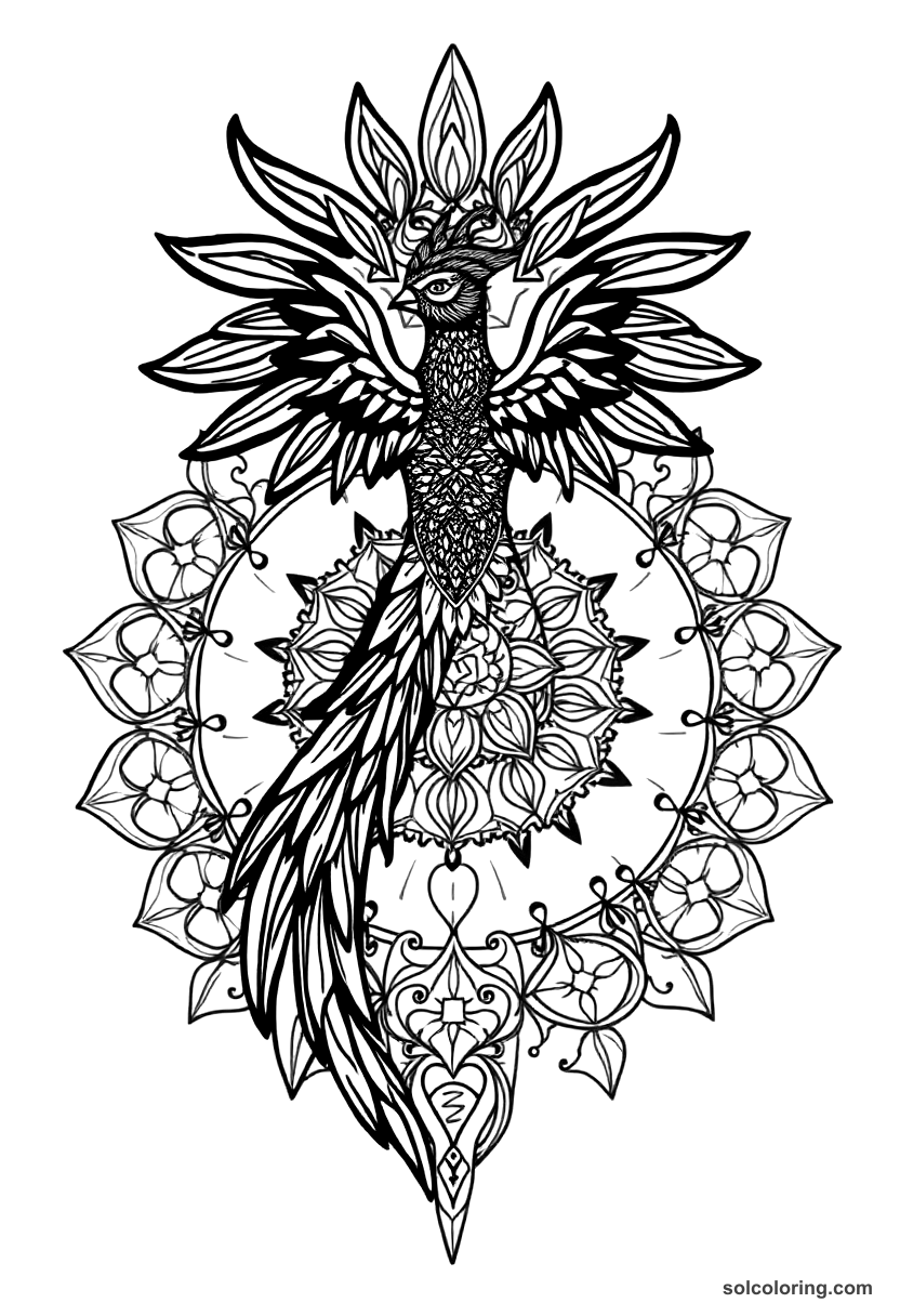 Mandala The bird princess transforming back from her avian form coloring page, free printable mandala style