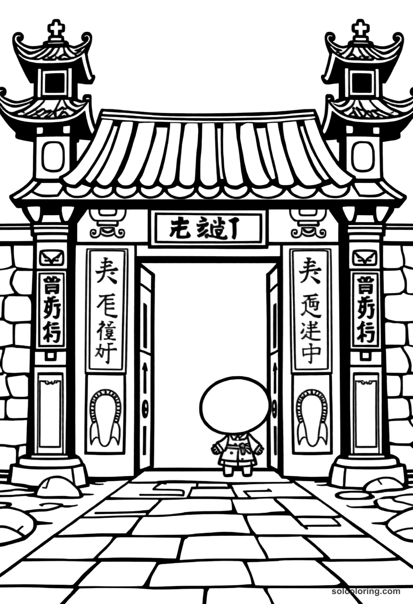 Chibi The brass city gate engraved with ancient warnings coloring page, free printable chibi style