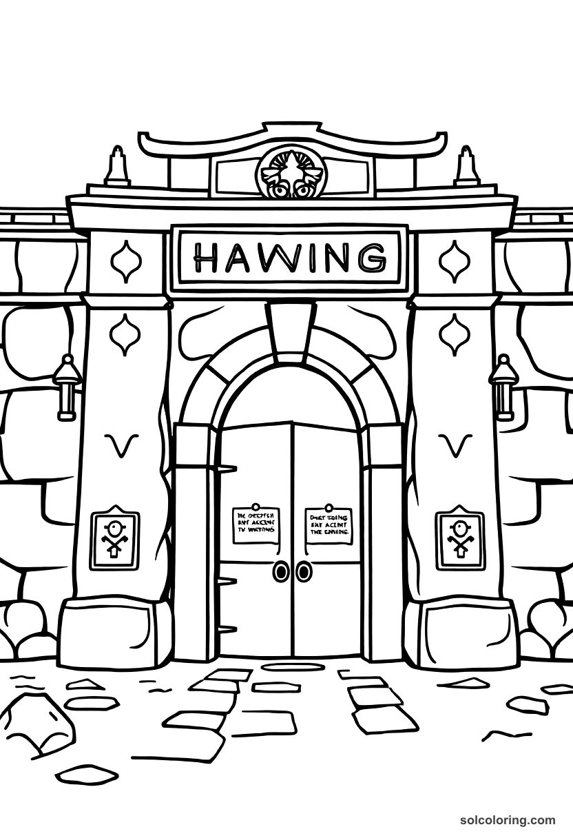 Cute Cartoon The brass city gate engraved with ancient warnings coloring page, free printable cute cartoon style