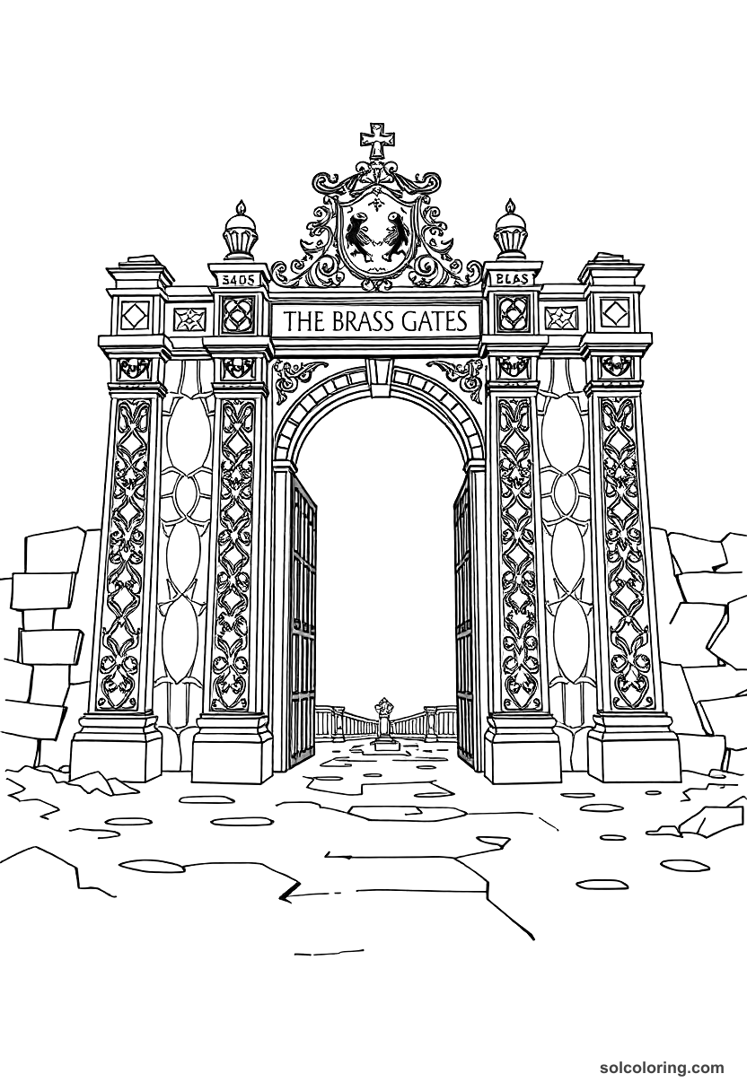 The brass city gate engraved with ancient warnings coloring page, free printable detailed style