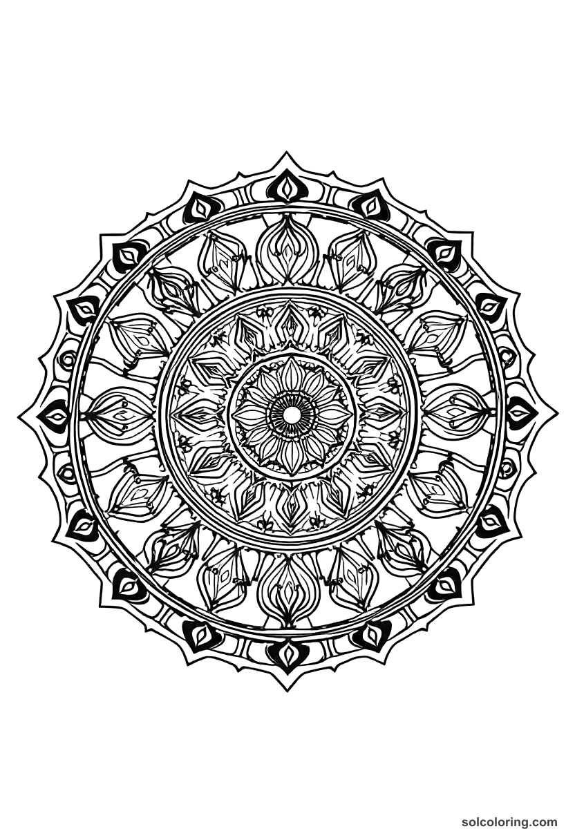 Mandala The brass city gate engraved with ancient warnings coloring page, free printable mandala style