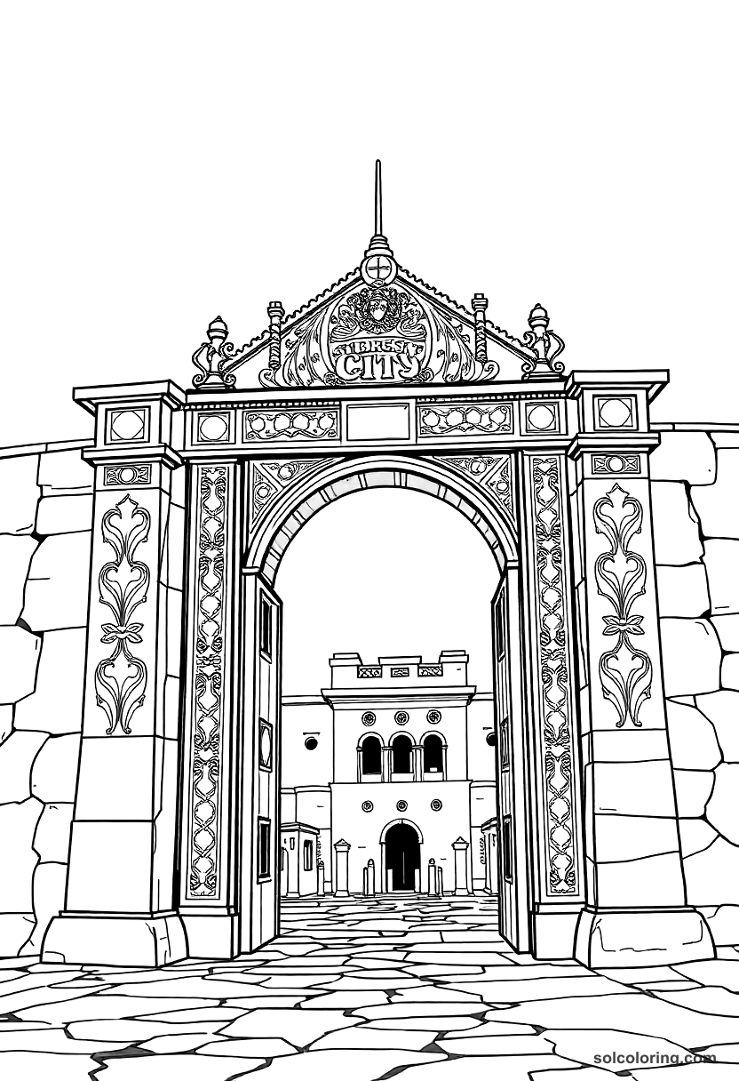 The Brass City Gate Engraved With Ancient Warnings coloring pages
