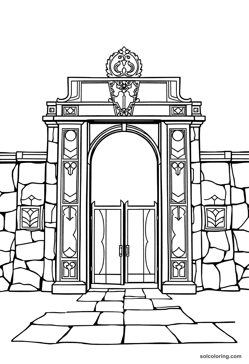 Simple The brass city gate engraved with ancient warnings coloring page, free printable simple style