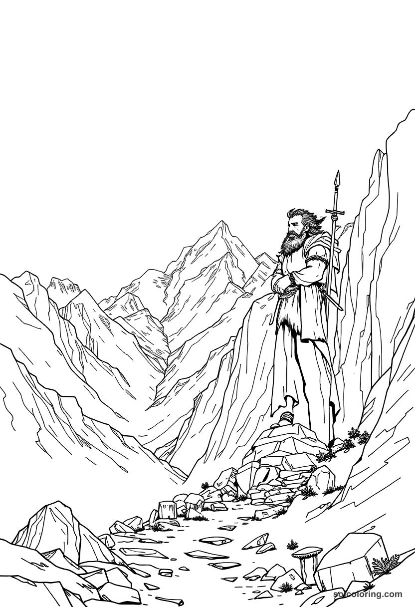 The bronze giant guarding the mountain pass coloring page, free printable detailed style