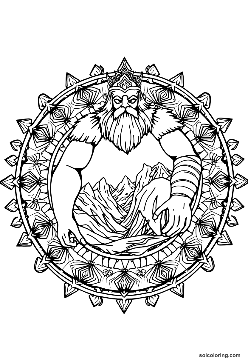 Mandala The bronze giant guarding the mountain pass coloring page, free printable mandala style