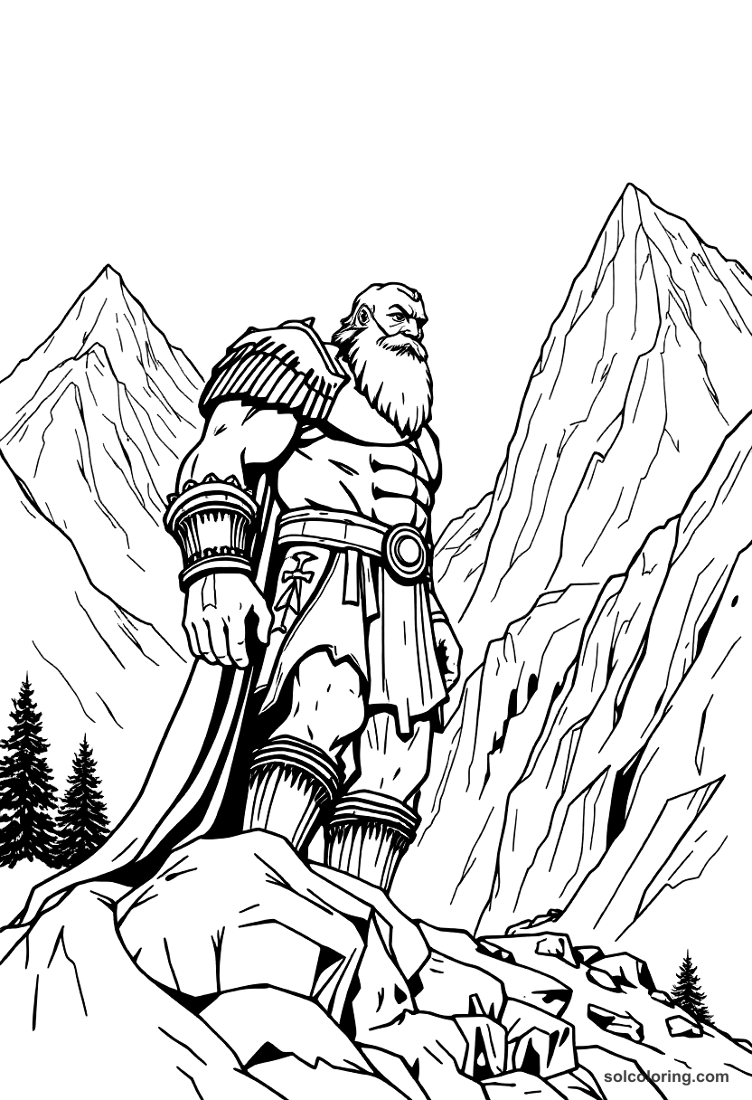 The bronze giant guarding the mountain pass coloring page, free printable realistic style