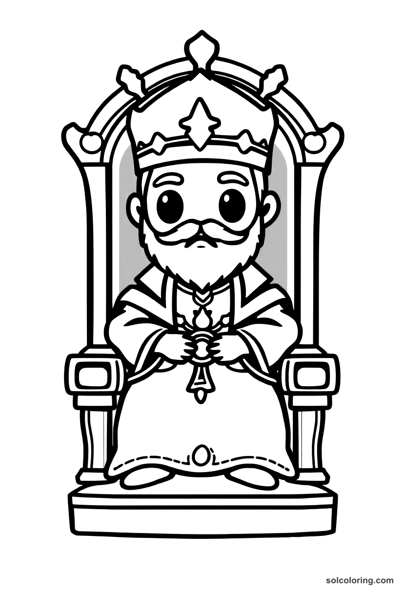 Chibi The Caliph Haroun al-Rashid on his golden throne coloring page, free printable chibi style