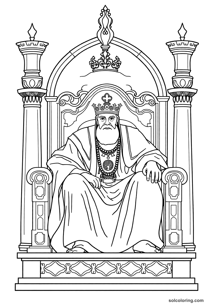 The Caliph Haroun al-Rashid on his golden throne coloring page, free printable detailed style