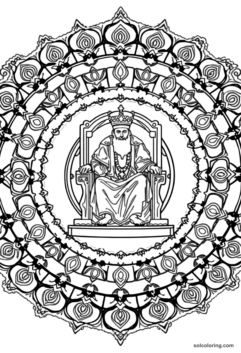 Mandala The Caliph Haroun al-Rashid on his golden throne coloring page, free printable mandala style