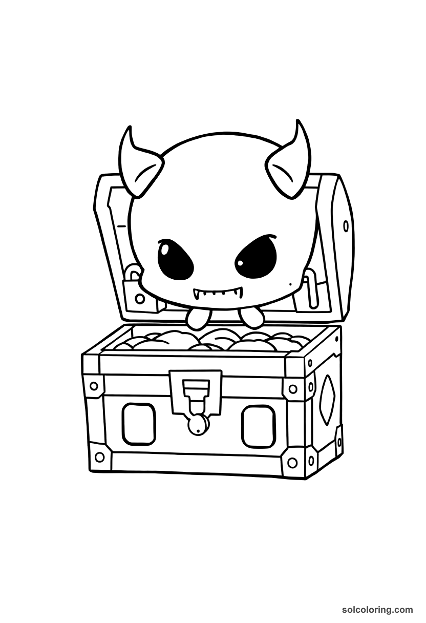 Chibi The chest with seven padlocks opened by a demon coloring page, free printable chibi style