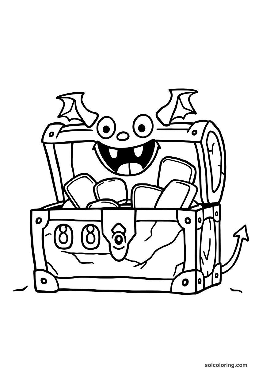 Cute Cartoon The chest with seven padlocks opened by a demon coloring page, free printable cute cartoon style