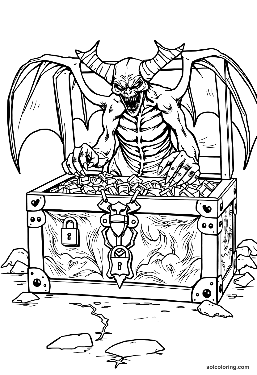 The chest with seven padlocks opened by a demon coloring page, free printable detailed style