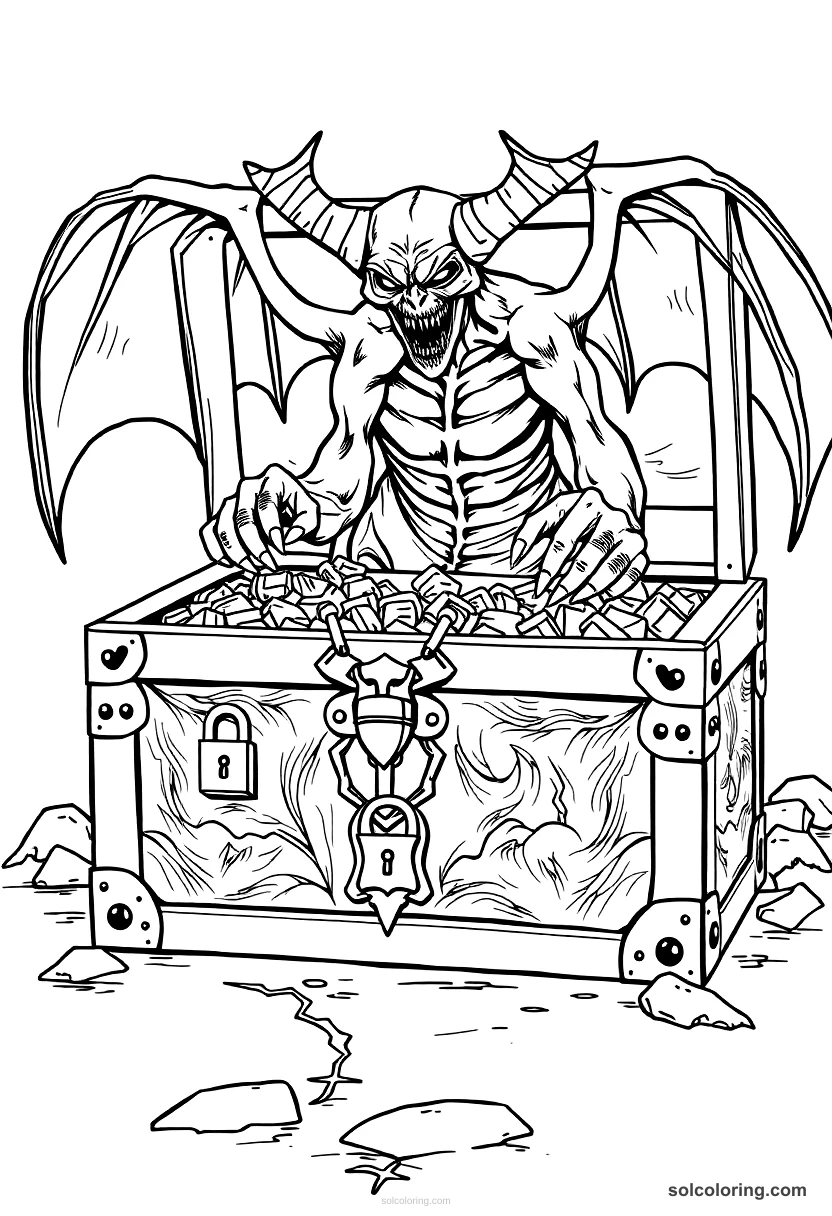 The chest with seven padlocks opened by a demon detailed coloring page for kids