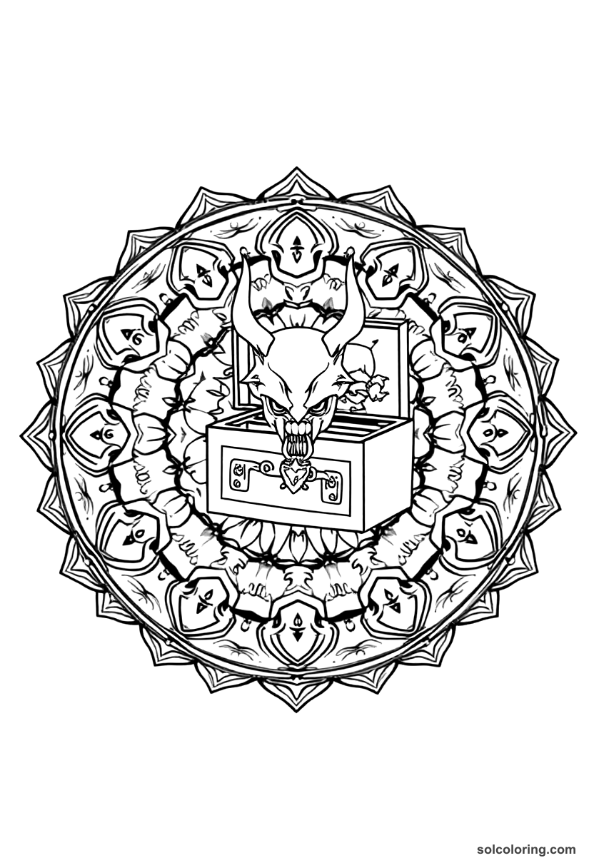Mandala The chest with seven padlocks opened by a demon coloring page, free printable mandala style