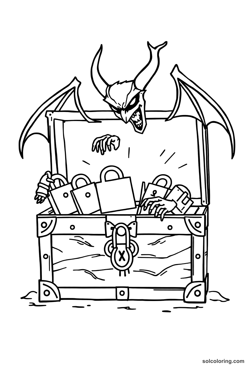 Simple The chest with seven padlocks opened by a demon coloring page, free printable simple style