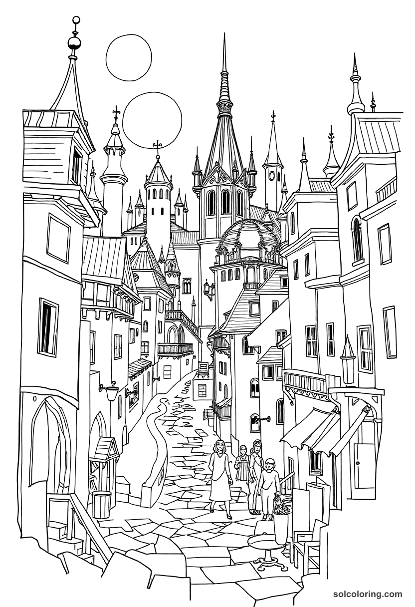 The city of thieves and tricksters coloring page, free printable detailed style