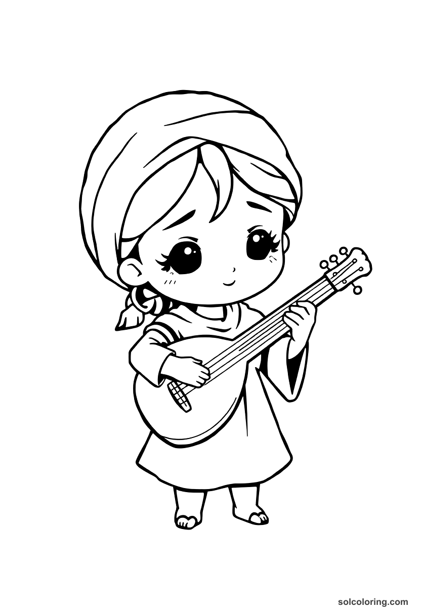 Chibi The clever slave girl playing the lute coloring page, free printable chibi style for kids and adults